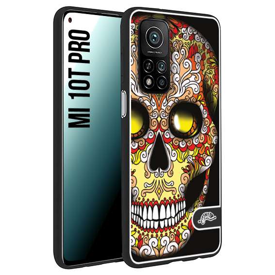 CUSTOMIZZA - Custodia cover nera morbida in tpu compatibile per Xiaomi Mi 10T PRO teschio messicano Mexican skull giallo rosso arancio