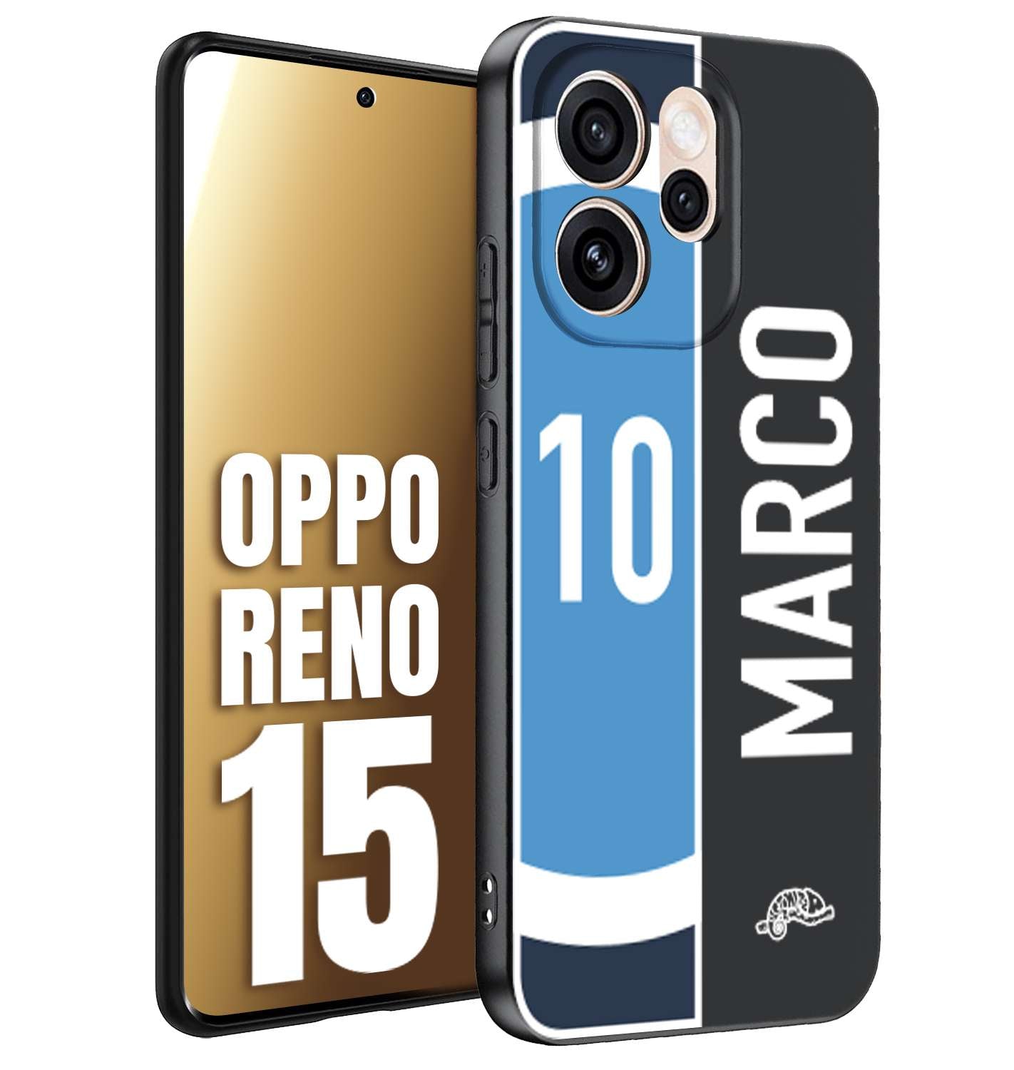 CUSTOMIZZA - Custodia cover nera morbida in tpu compatibile per Oppo Reno 15 personalizzata calcio football nome e numero calciatori biancoazzurri bianco celesti