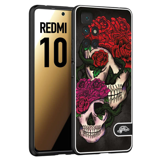 CUSTOMIZZA - Custodia cover nera morbida in tpu compatibile per Xiaomi Redmi 10 teschi e rose rosse fucsia skull and roses