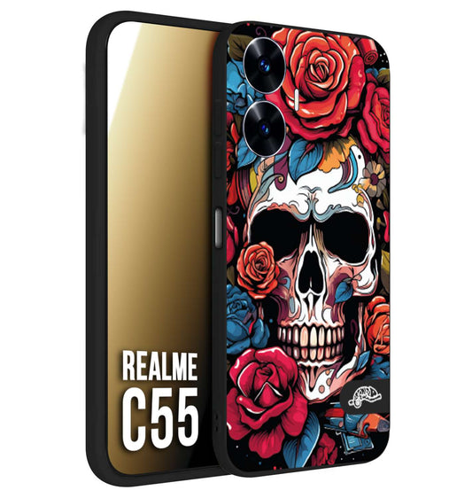 CUSTOMIZZA - Custodia cover nera morbida in tpu compatibile per Oppo C55 teschio skull flowers fiori rose rosse tattoo disegnato