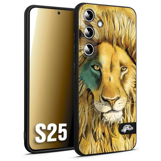 CUSTOMIZZA - Custodia cover nera morbida in tpu compatibile per Samsung S25 leone lion disegnato a mano giallo blu a rilievo artistico brown