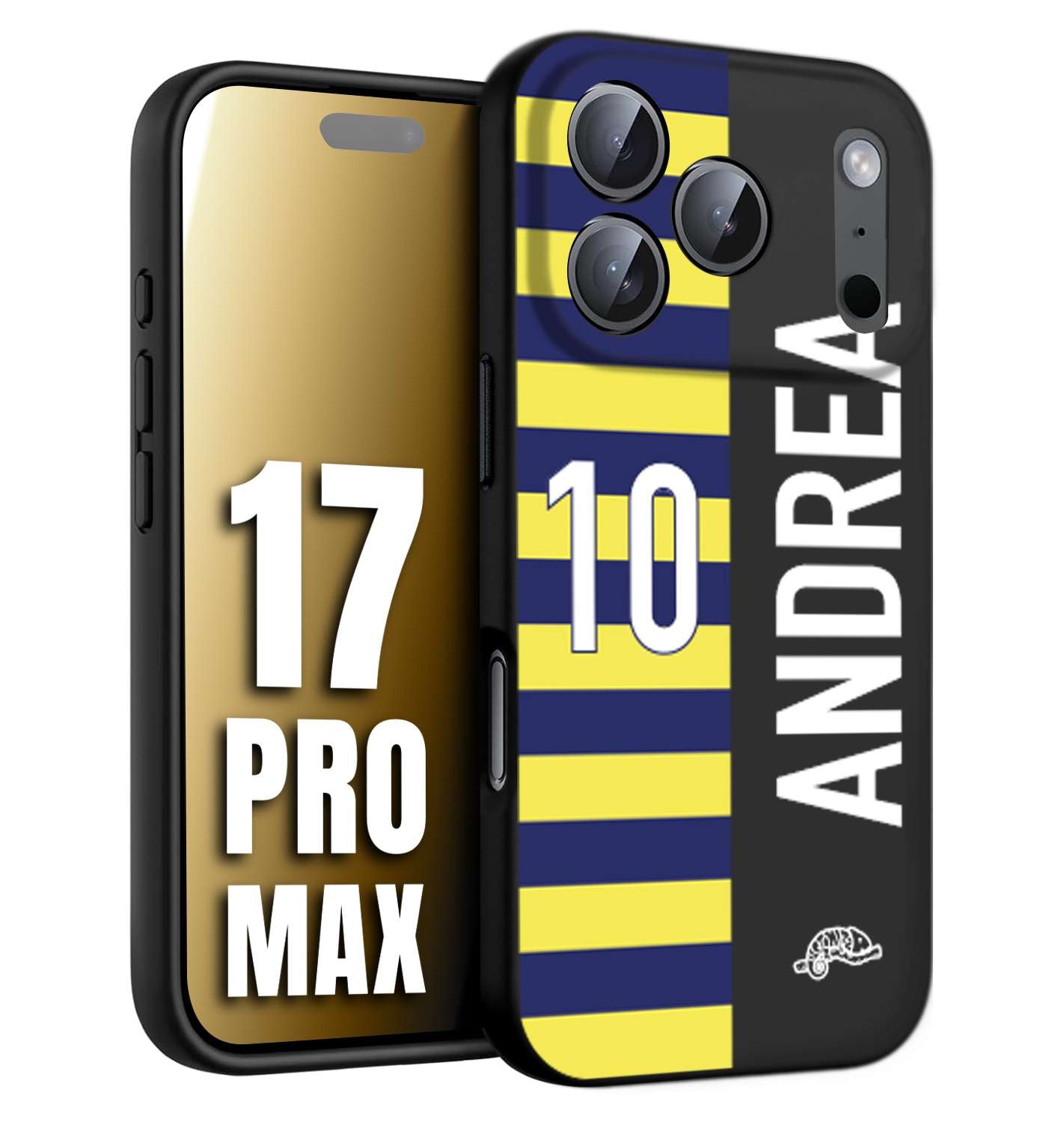 CUSTOMIZZA - Custodia cover nera morbida in tpu compatibile per iPhone 17 PRO MAX personalizzata calcio football nome e numero calciatori giallo blu