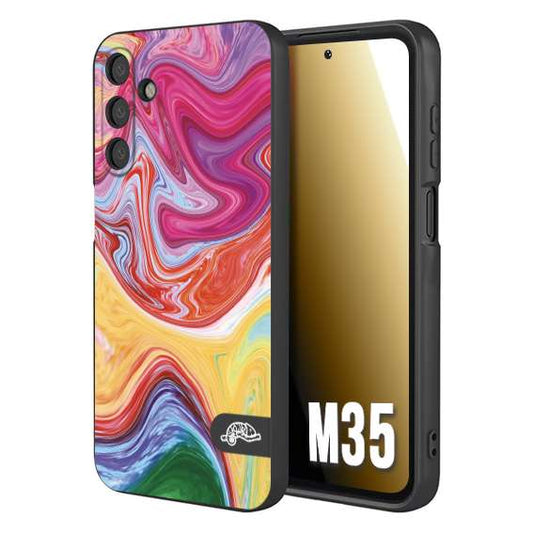 CUSTOMIZZA - Custodia cover nera morbida in tpu compatibile per Samsung M35 colorata fantasia vortice marmo onde verde fucsia gialla