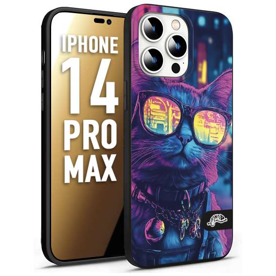 CUSTOMIZZA - Custodia cover nera morbida in tpu compatibile per iPhone 14 PRO MAX animali cyberpunk gatto street cat fucsia blu giallo