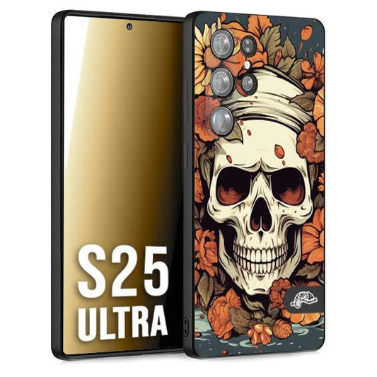 CUSTOMIZZA - Custodia cover nera morbida in tpu compatibile per Samsung S25 ULTRA teschio skull flowers fiori tattoo disegnato alta definizione