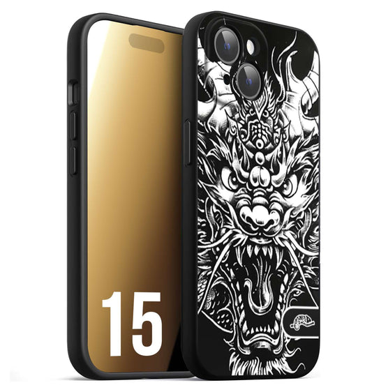 CUSTOMIZZA - Custodia cover nera morbida in tpu compatibile per iPhone 15 drago black and white bianco a rilievo disegnato tattoo tatuaggio