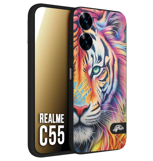 CUSTOMIZZA - Custodia cover nera morbida in tpu compatibile per Realme C55 animali color tigre tiger viso colori vibranti disegnato schizzo