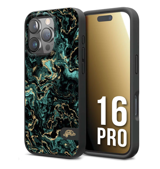 CUSTOMIZZA - Custodia cover nera morbida in tpu compatibile per iPhone 16 PRO effetto marmo marble verde green venature dorato pietra