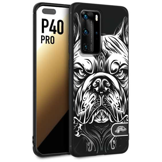 CUSTOMIZZA - Custodia cover nera morbida in tpu compatibile per Huawei P40 PRO bulldog bianco a rilievo disegnato tattoo tatuaggio