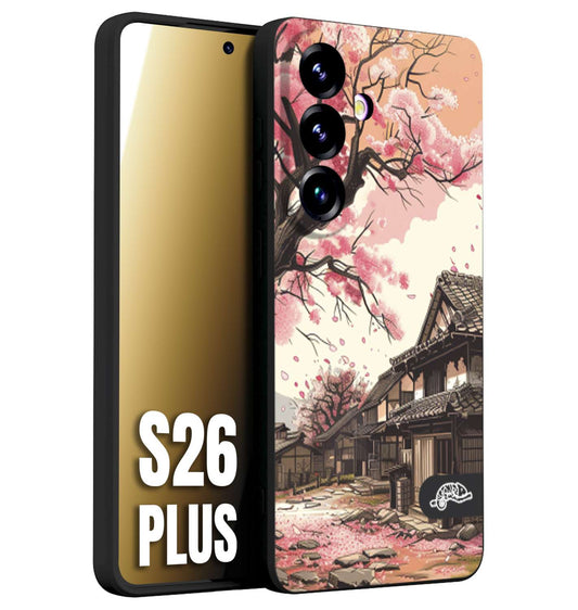CUSTOMIZZA - Custodia cover nera morbida in tpu compatibile per Samsung S26 PLUS casa giapponese rosa ciliegio in fiore disegnata tattoo
