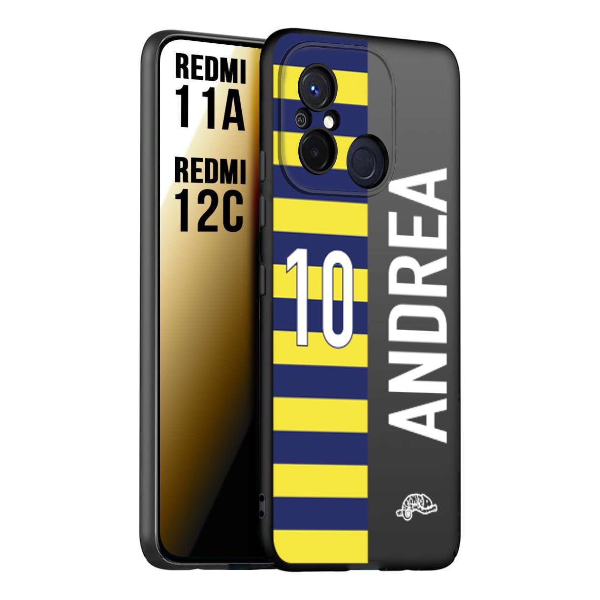 CUSTOMIZZA - Custodia cover nera morbida in tpu compatibile per Xiaomi Redmi 11A - 12C personalizzata calcio football nome e numero calciatori giallo blu