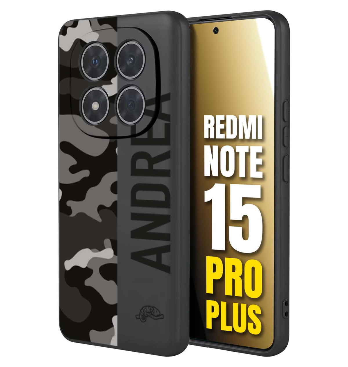 CUSTOMIZZA - Custodia cover nera morbida in tpu compatibile per Xiaomi Redmi Note 15 PRO PLUS camouflage mimetico militare personalizzata nome