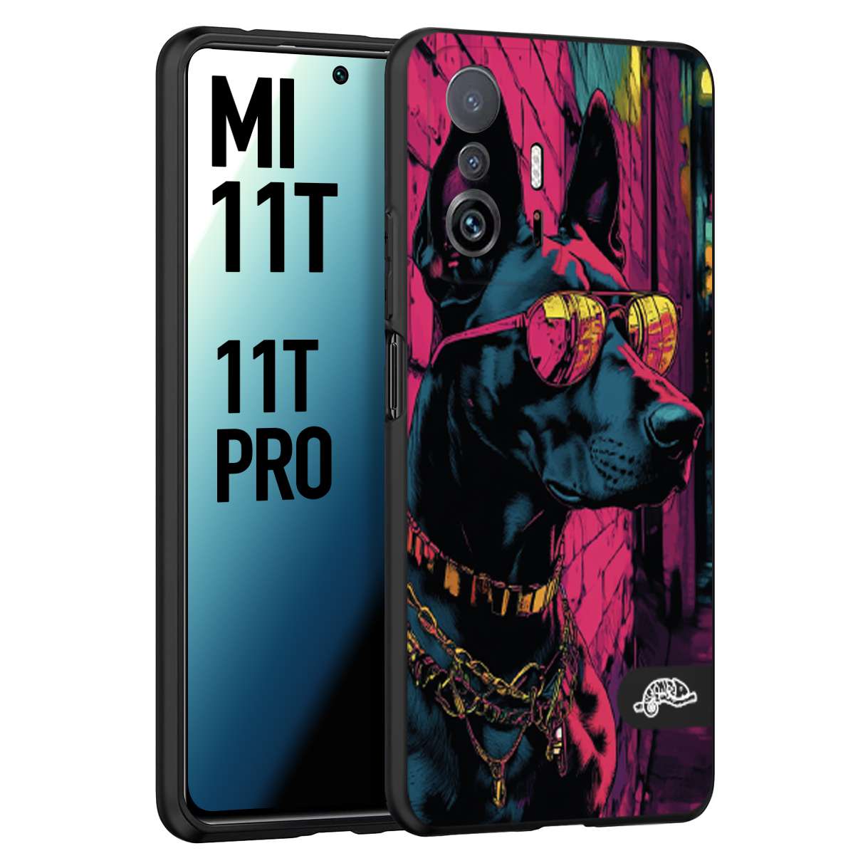 CUSTOMIZZA - Custodia cover nera morbida in tpu compatibile per Xiaomi Mi 11T - Mi 11T PRO animali cyberpunk dobermann cane street dog fucsia blu