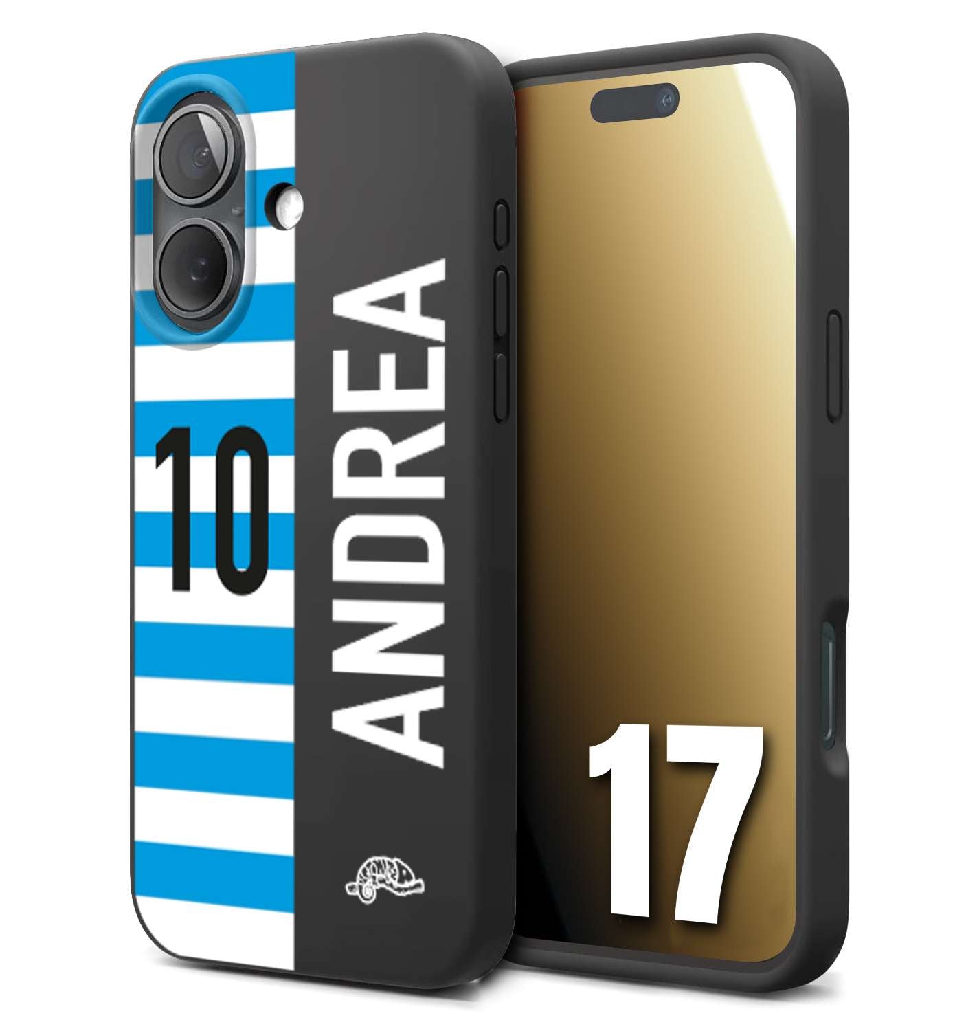 CUSTOMIZZA - Custodia cover nera morbida in tpu compatibile per iPhone 17 personalizzata calcio football nome e numero calciatori biancazzurri