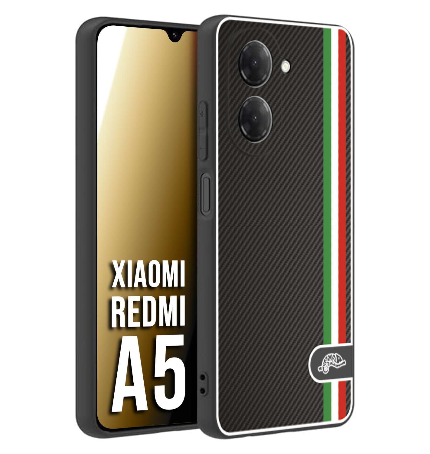 CUSTOMIZZA - Custodia cover nera morbida in tpu compatibile per Xiaomi Redmi A5 effetto fibra di carbonio bandiera Italia made in Italy