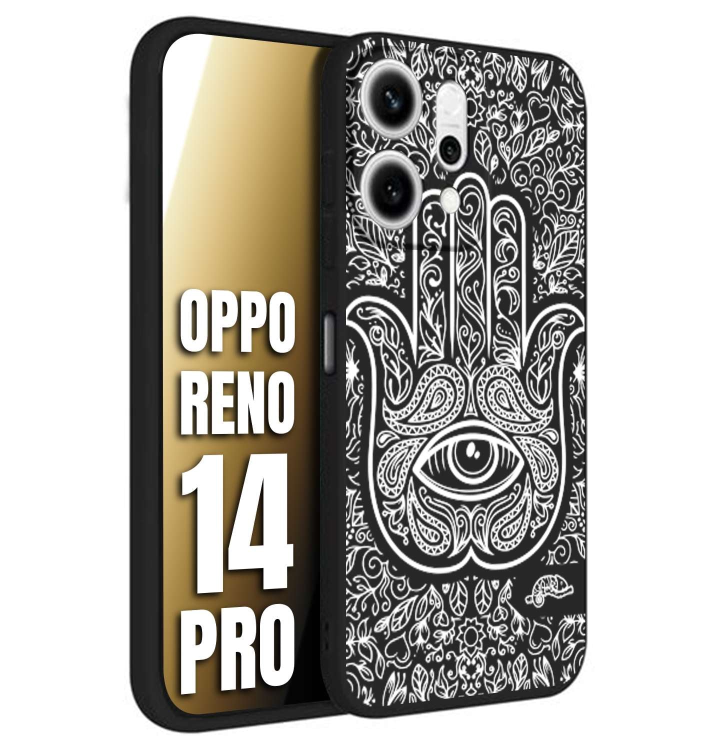 CUSTOMIZZA - Custodia cover nera morbida in tpu compatibile per Oppo Reno 14 PRO mano di fatima effetto rilievo mandala donna