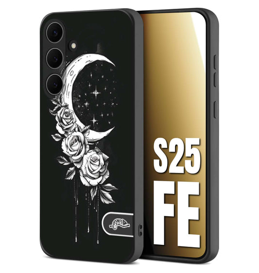 CUSTOMIZZA - Custodia cover nera morbida in tpu compatibile per Samsung S25 FE luna e fiori moon flowers black and white bianco a rilievo disegnato