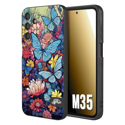 CUSTOMIZZA - Custodia cover nera morbida in tpu compatibile per Samsung M35 farfalle butterfly moderno donna disegnate gialla blu rosa