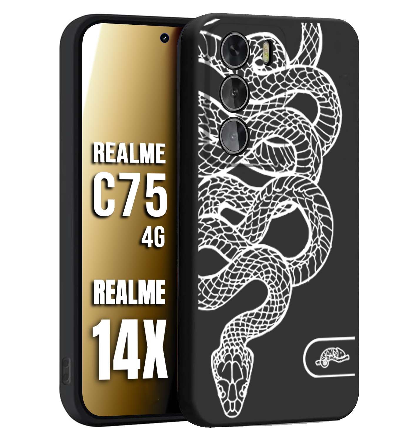 CUSTOMIZZA - Custodia cover nera morbida in tpu compatibile per Realme 14X - C75 4G serpente snake bianco a rilievo disegnato tattoo tatuaggio