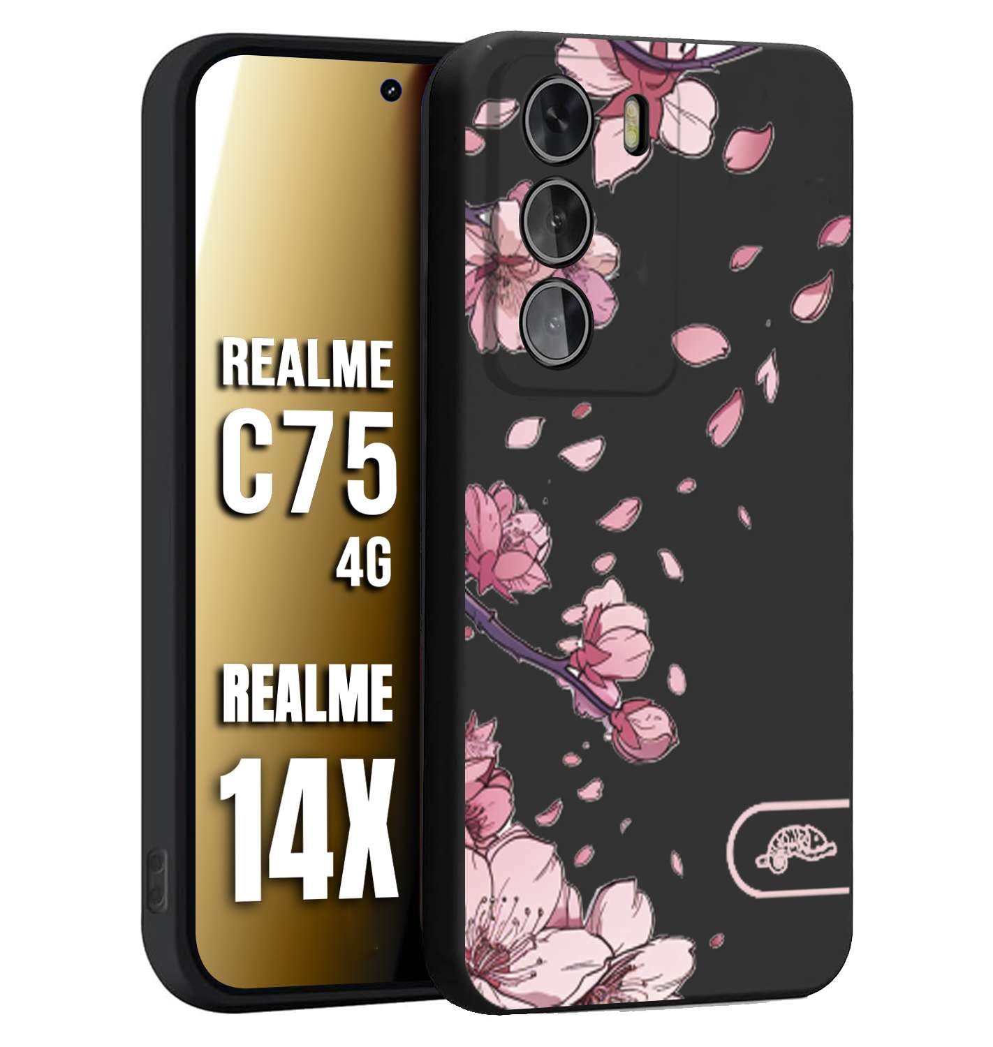 CUSTOMIZZA - Custodia cover nera morbida in tpu compatibile per Realme 14X - C75 4G giapponese fiori di ciliegio in fiore a rilievo disegnata tattoo