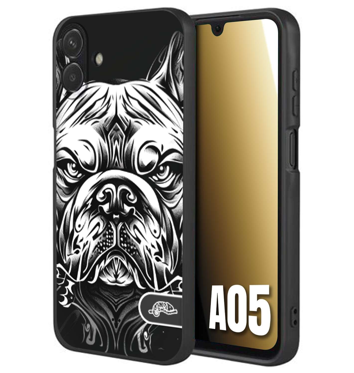 CUSTOMIZZA - Custodia cover nera morbida in tpu compatibile per Samsung A05 bulldog bianco a rilievo disegnato tattoo tatuaggio