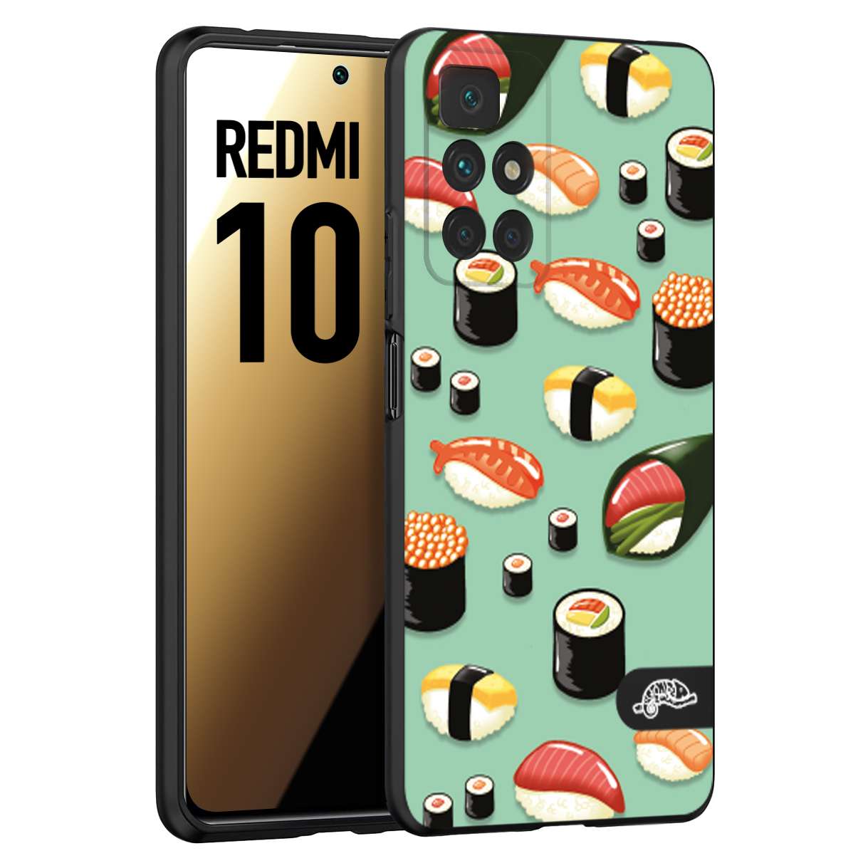 CUSTOMIZZA - Custodia cover nera morbida in tpu compatibile per Xiaomi Redmi 10 sushi disegni giapponese nighiri acquamarina verde