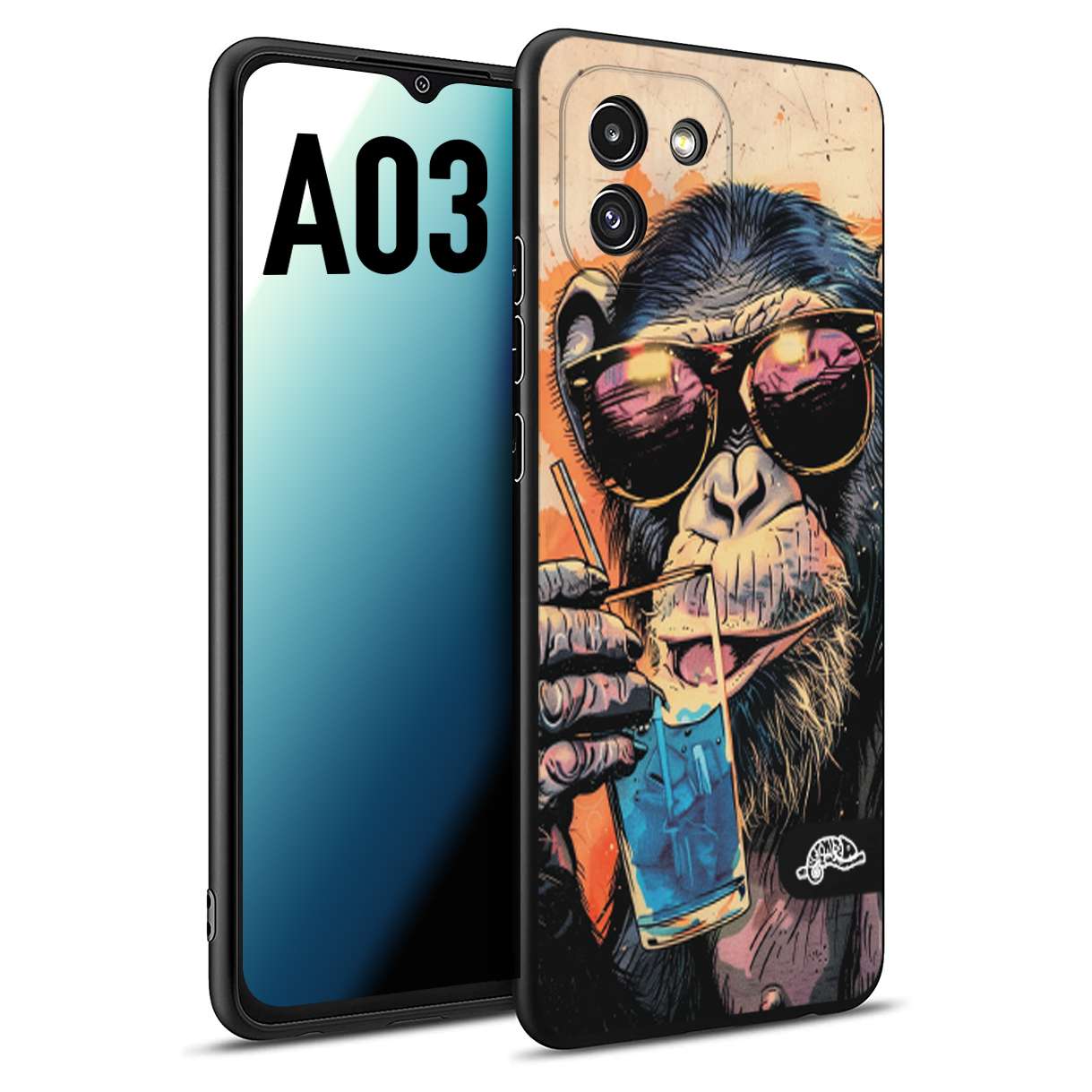 CUSTOMIZZA - Custodia cover nera morbida in tpu compatibile per Samsung A03 estate disegnata cocktails animali simpatici scimmia monkey negroni