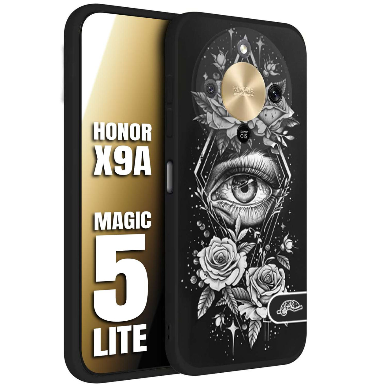 CUSTOMIZZA - Custodia cover nera morbida in tpu compatibile per Honor X9A - Honor Magic 5 Lite occhio fiori rombo geometrico black and white bianco a rilievo disegnato tattoo tatuaggio