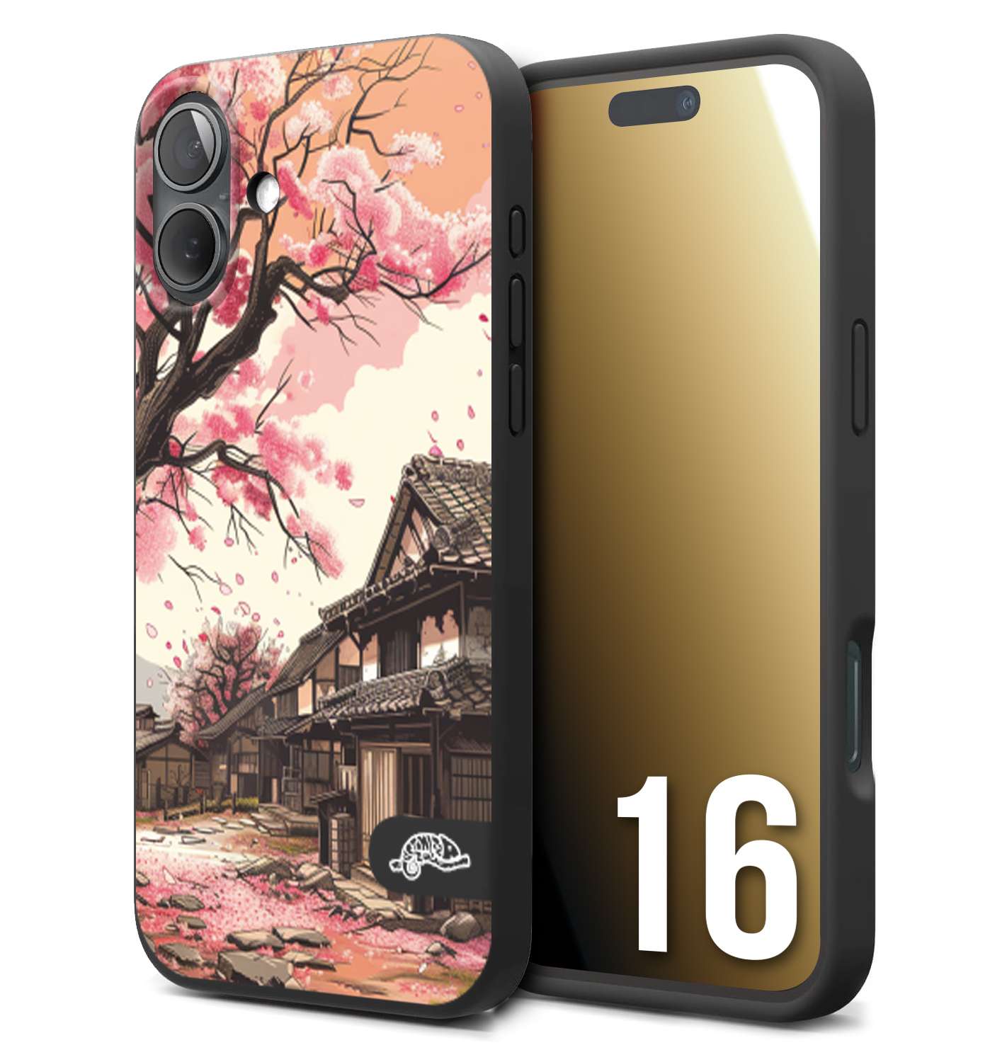 CUSTOMIZZA - Custodia cover nera morbida in tpu compatibile per iPhone 16 casa giapponese rosa ciliegio in fiore disegnata tattoo