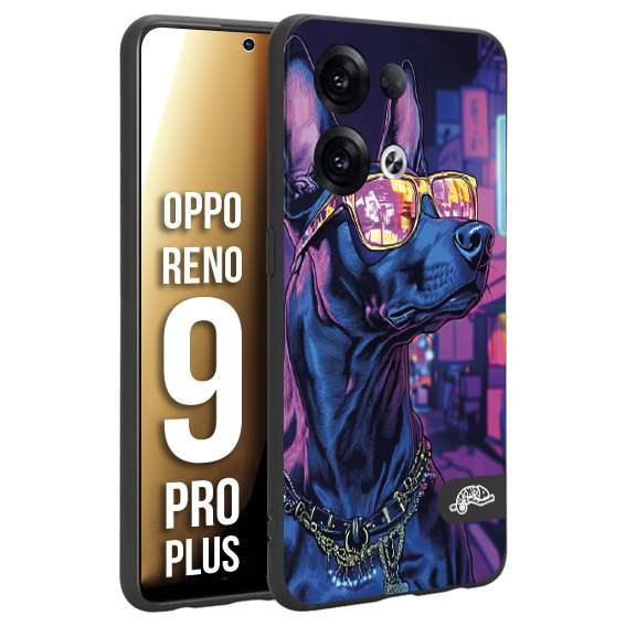 CUSTOMIZZA - Custodia cover nera morbida in tpu compatibile per Oppo Reno 9 PRO PLUS animali cyberpunk dobermann cane street dog fucsia blu night