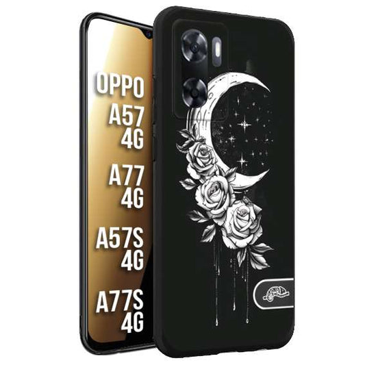 CUSTOMIZZA - Custodia cover nera morbida in tpu compatibile per Oppo A57 - A77 - A57S - A77S (4G) luna e fiori moon flowers black and white bianco a rilievo disegnato tattoo tatuaggio