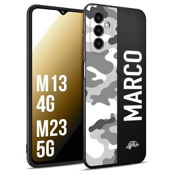 CUSTOMIZZA - Custodia cover nera morbida in tpu compatibile per Samsung M13 4G - M23 5G camouflage mimetico militare personalizzata nome bianco