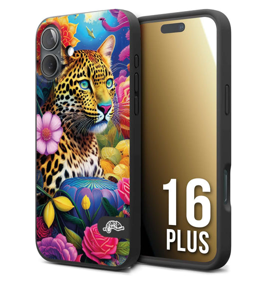 CUSTOMIZZA - Custodia cover nera morbida in tpu compatibile per iPhone 16 PLUS astratti donna flower fantasia leopardo ghepardo animali colorati