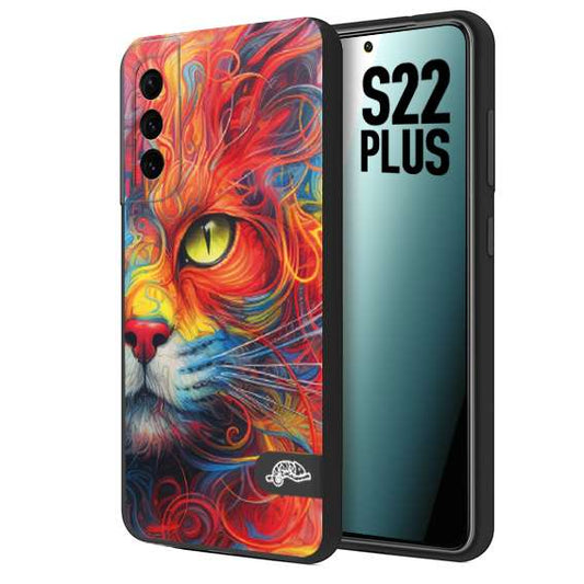 CUSTOMIZZA - Custodia cover nera morbida in tpu compatibile per Samsung S22 PLUS animali color cat gatto viso colori vibranti disegnato schizzo