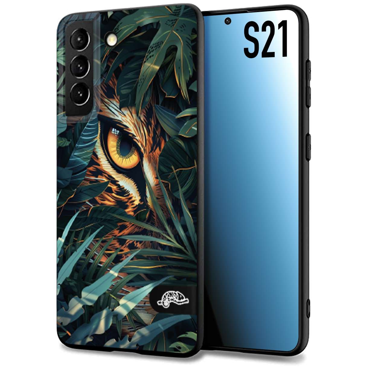 CUSTOMIZZA - Custodia cover nera morbida in tpu compatibile per Samsung S21 animali color giungla tropicale occhio di giaguaro felino disegnato