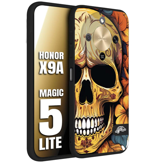 CUSTOMIZZA - Custodia cover nera morbida in tpu compatibile per Honor X9A - Honor Magic 5 Lite teschio messicano colorato dorato fiori autunnali disegnato
