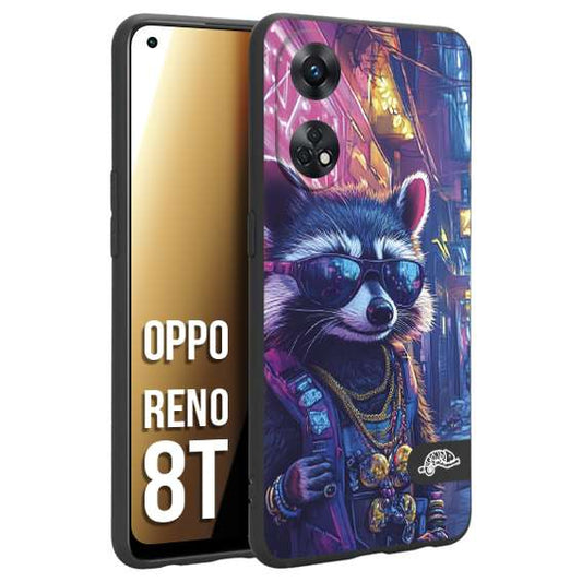 CUSTOMIZZA - Custodia cover nera morbida in tpu compatibile per Oppo Reno 8T animali simpatici cyberpunk procione racoon street cat fucsia blu giallo