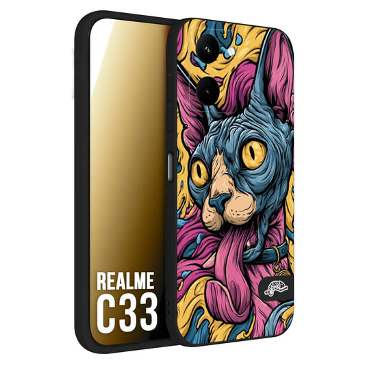 CUSTOMIZZA - Custodia cover nera morbida in tpu compatibile per Realme C33 Sphynx Colorato Pop Art Psichedelico Gatto Blu Rosa Giallo Artistica Fantasy