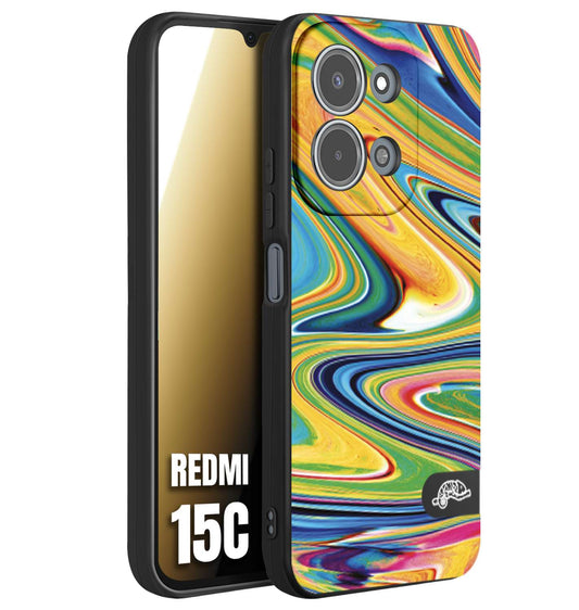 CUSTOMIZZA - Custodia cover nera morbida in tpu compatibile per Xiaomi Redmi 15C colorata fantasia vortice marmo arcobaleno gialla verde blu