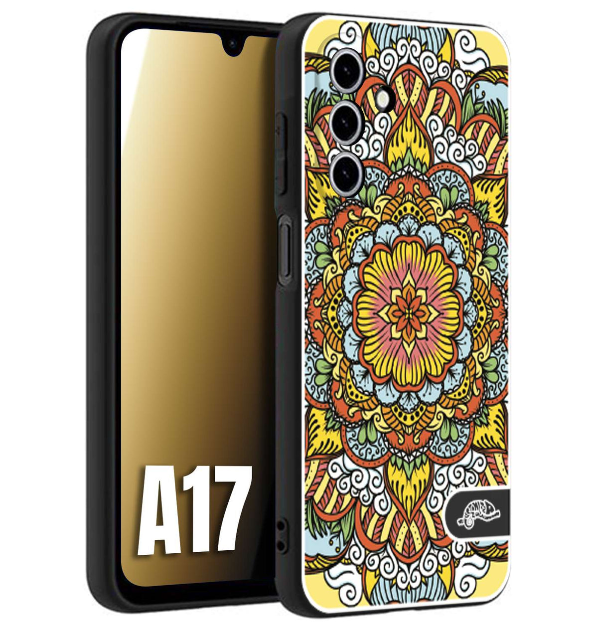 CUSTOMIZZA - Custodia cover nera morbida in tpu compatibile per Samsung A17 mandala colorato fiore nuvole arancione
