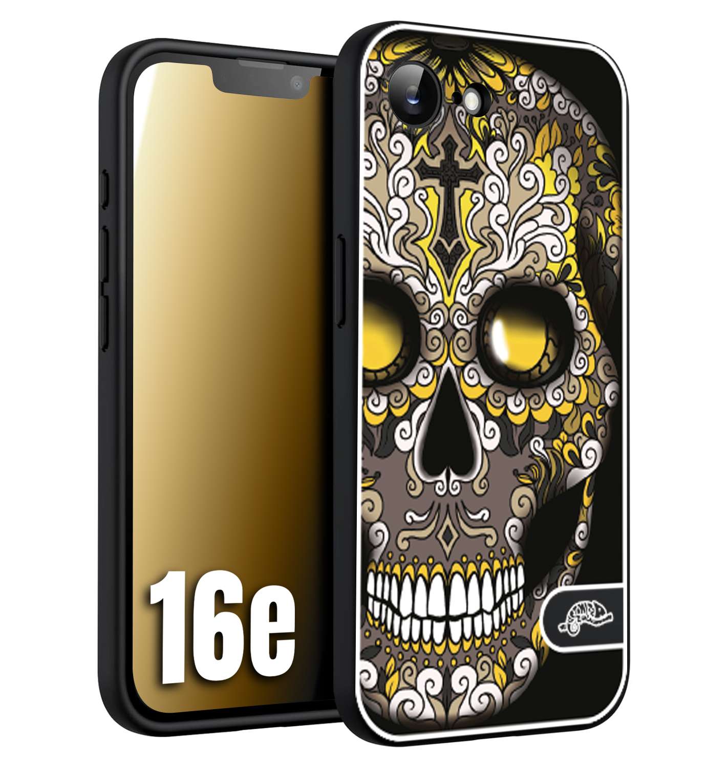 CUSTOMIZZA - Custodia cover nera morbida in tpu compatibile per iPhone 16E teschio messicano Mexican skull nero giallo