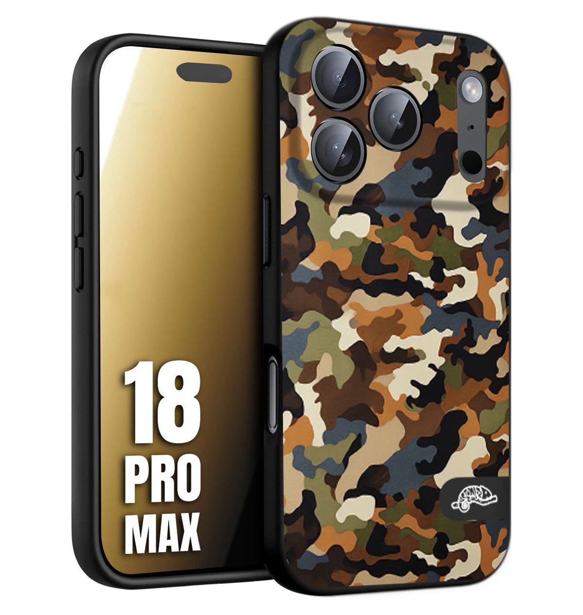 CUSTOMIZZA - Custodia cover nera morbida in tpu compatibile per iPhone 18 PRO MAX camouflage mimetico militare moderno blu marrone beige