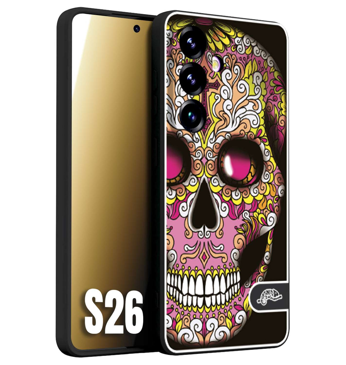 CUSTOMIZZA - Custodia cover nera morbida in tpu compatibile per Samsung S26 teschio messicano Mexican skull rosa gialla