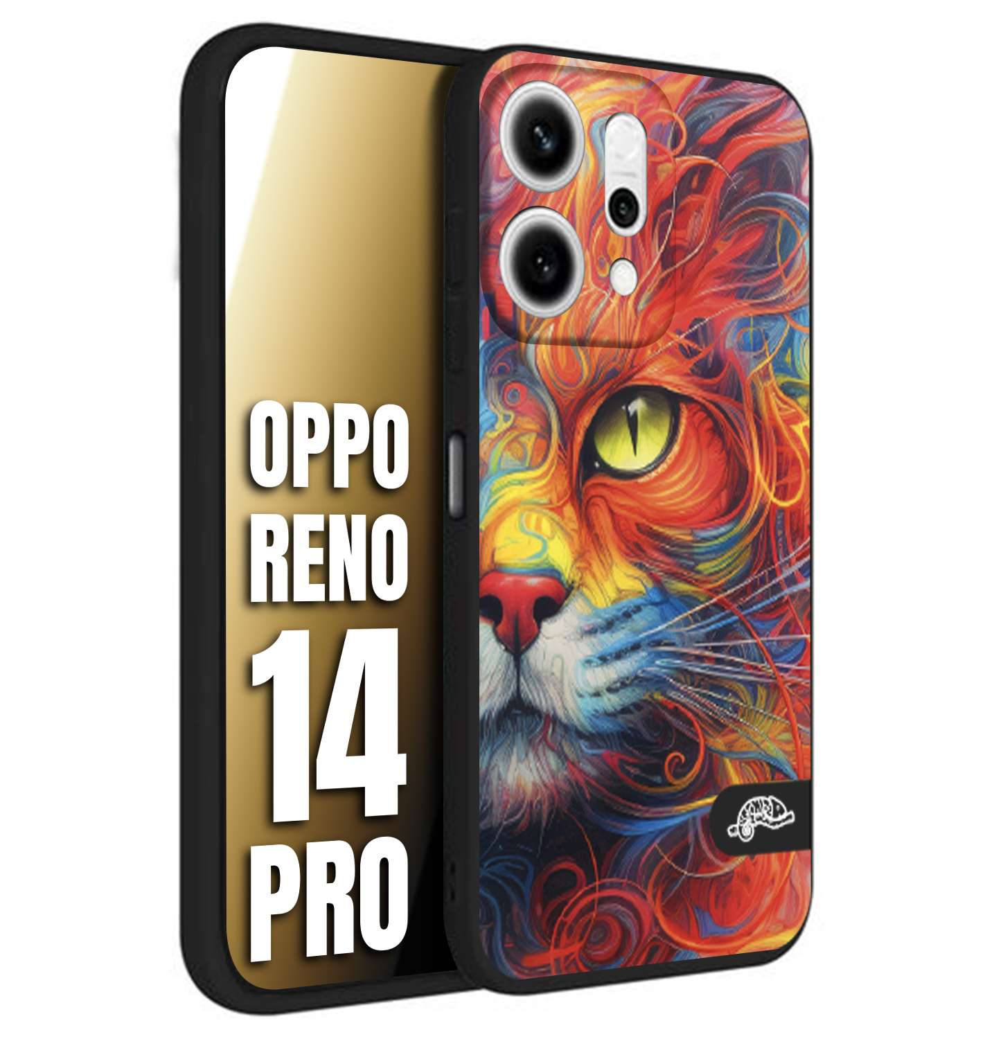 CUSTOMIZZA - Custodia cover nera morbida in tpu compatibile per Oppo Reno 14 PRO animali color cat gatto viso colori vibranti disegnato schizzo
