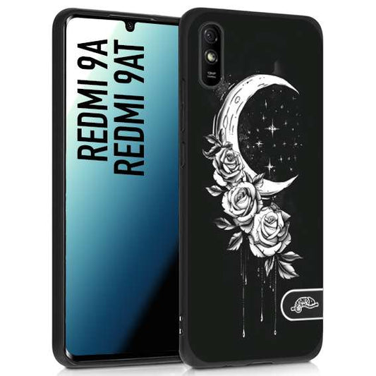 CUSTOMIZZA - Custodia cover nera morbida in tpu compatibile per Xiaomi Redmi 9A - 9AT luna e fiori moon flowers black and white bianco a rilievo disegnato