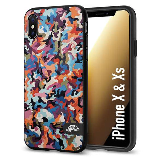 CUSTOMIZZA - Custodia cover nera morbida in tpu compatibile per iPhone X - Xs camouflage mimetico militare moderno blu arancio rosa
