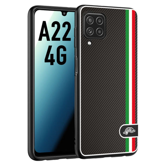 CUSTOMIZZA - Custodia cover nera morbida in tpu compatibile per Samsung A22 4G effetto fibra di carbonio bandiera Italia made in Italy