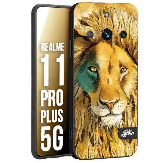 CUSTOMIZZA - Custodia cover nera morbida in tpu compatibile per Oppo Realme 11 PRO PLUS 5G leone lion disegnato a mano giallo blu a rilievo artistico brown