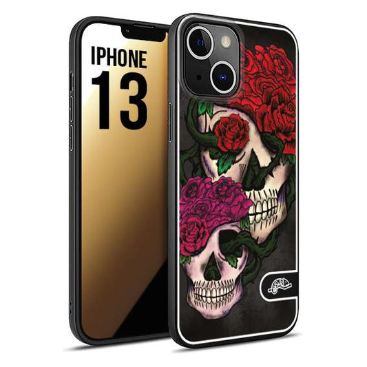 CUSTOMIZZA - Custodia cover nera morbida in tpu compatibile per iPhone 13 teschi e rose rosse fucsia skull and roses