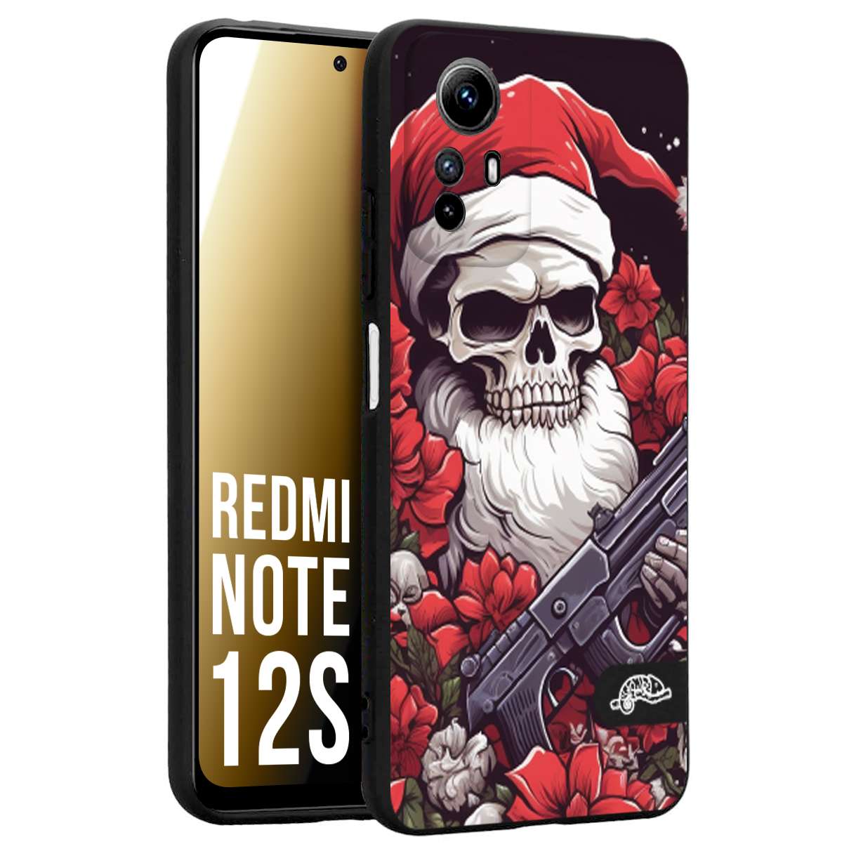 CUSTOMIZZA - Custodia cover nera morbida in tpu compatibile per Xiaomi Redmi Note 12S teschio natale santa claus fiori tattoo disegnato